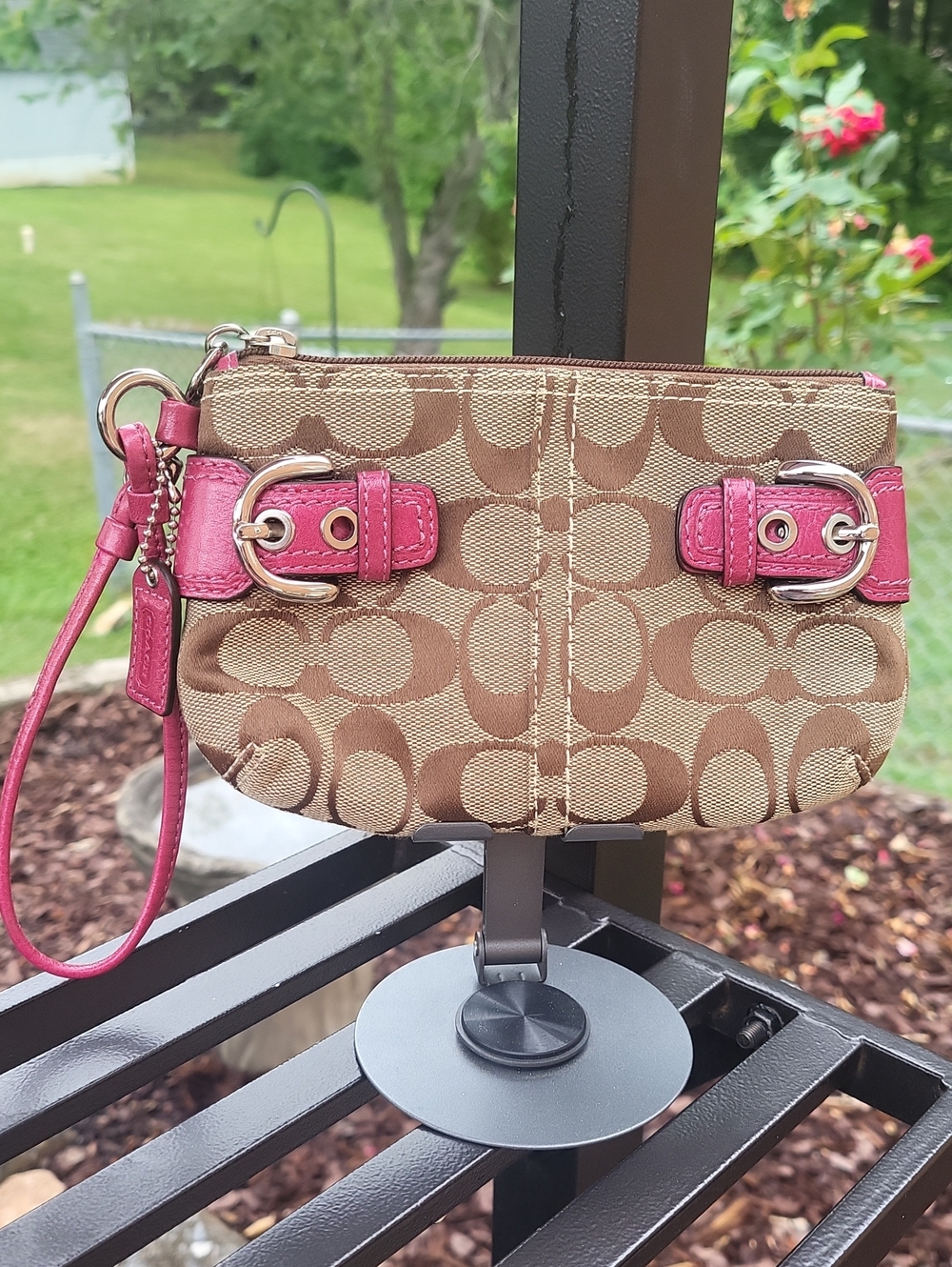 Coach Signature Canvas Wristlet in Brown with Pink Trim